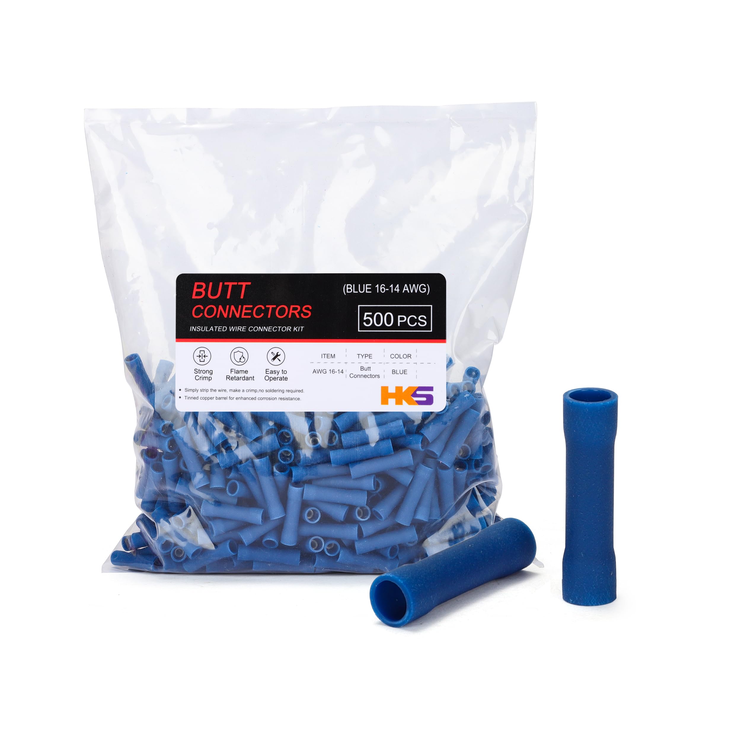 HKS Lot de 500 connecteurs bout à bout isolés en vinyle bleu 16-14 AWG – Connecteurs électriques à déconnexion rapide – Cuivre rouge étamé de 0,8 mm – Isolation à sertir automobile