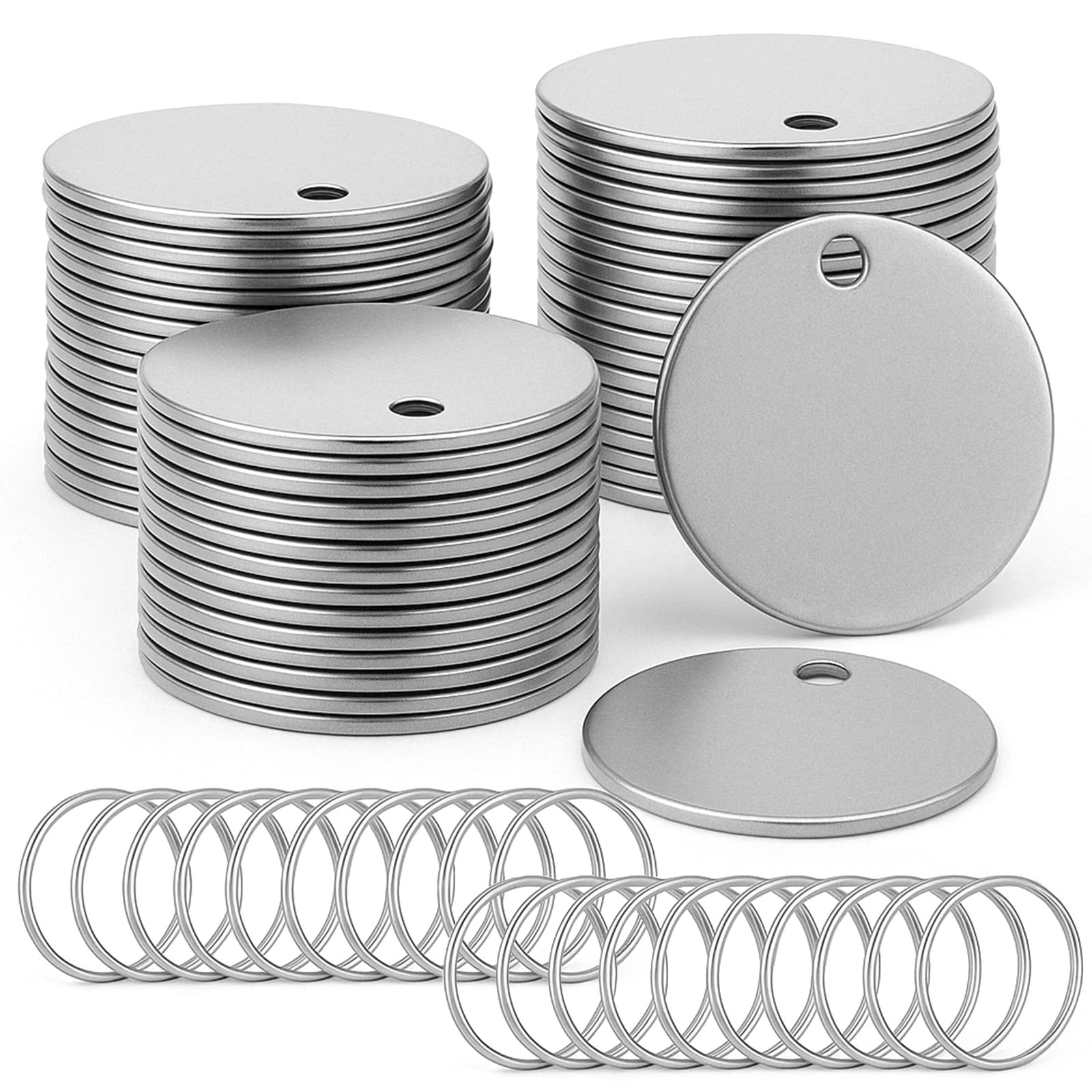 Photo 1 of 100pcs Round Metal Blank Dog Tags for Stamping Stainless Steel Key Tags for Engraving, Metal Stamping Blanks with Hole 1.2 Inch Silver Round Blanks with Key Rings for Pet Dog Id Tag Jewelry Making