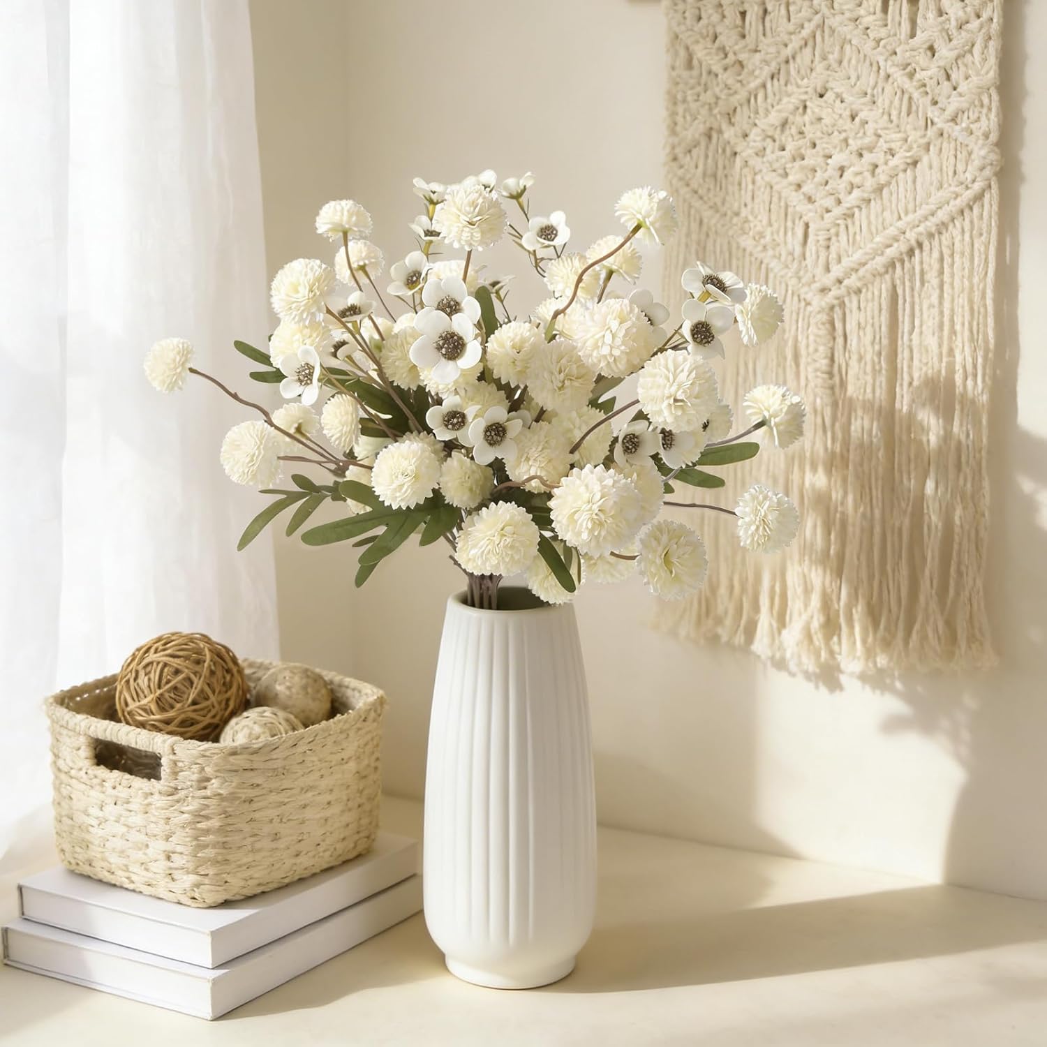 8 Pcs Silk Kiku Mums Flowers, White Ivory Artificial Flowers for Vase, Fake Pompon Mini Dried Flowers, Faux Flowers Sterms for Home Vase Fillers Arrangements for Spring Fall Centerpiece (white)