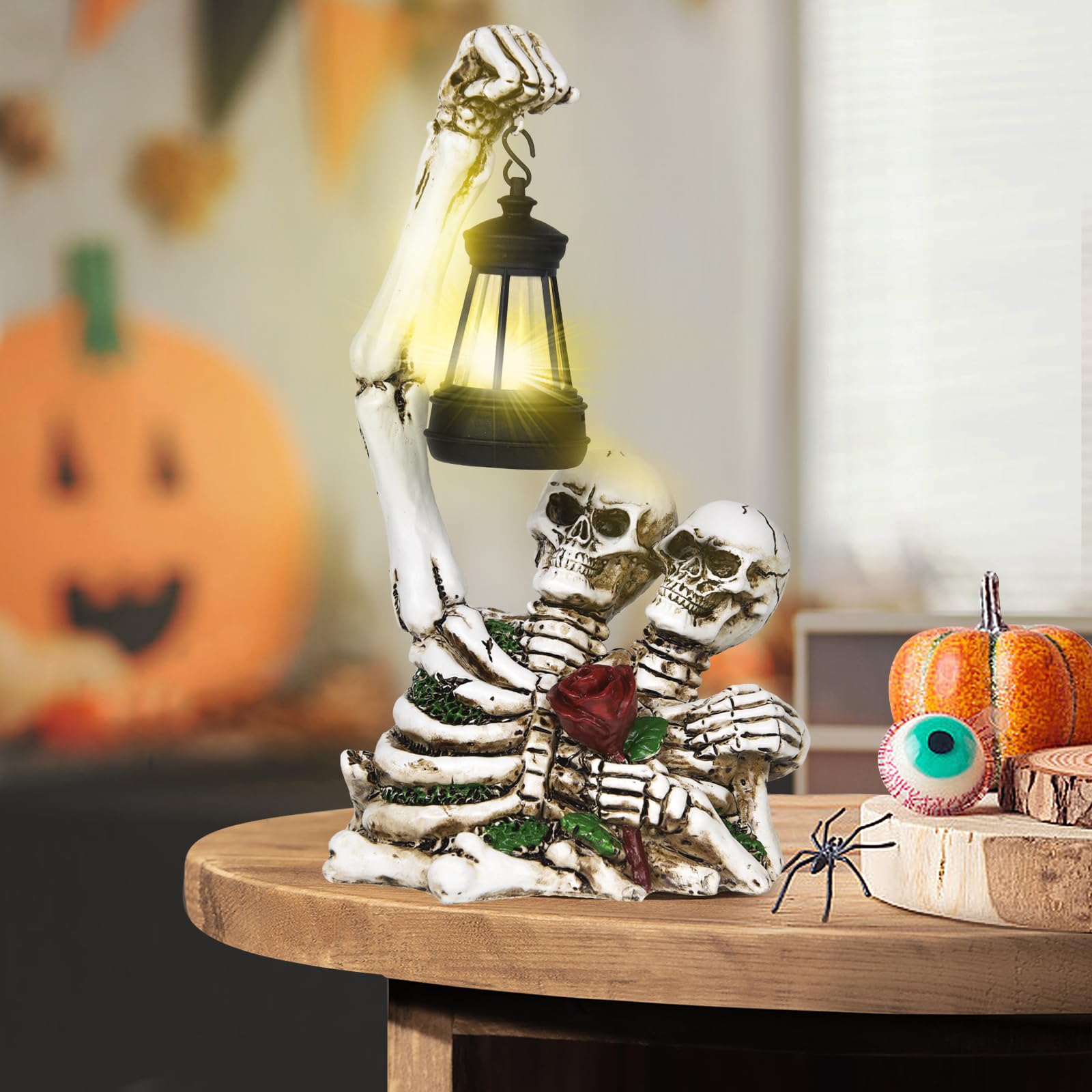 2 Pack Halloween Solar Skull Garden Lights - Waterproof Pathway Stake With Raven, Skeleton Head Decor