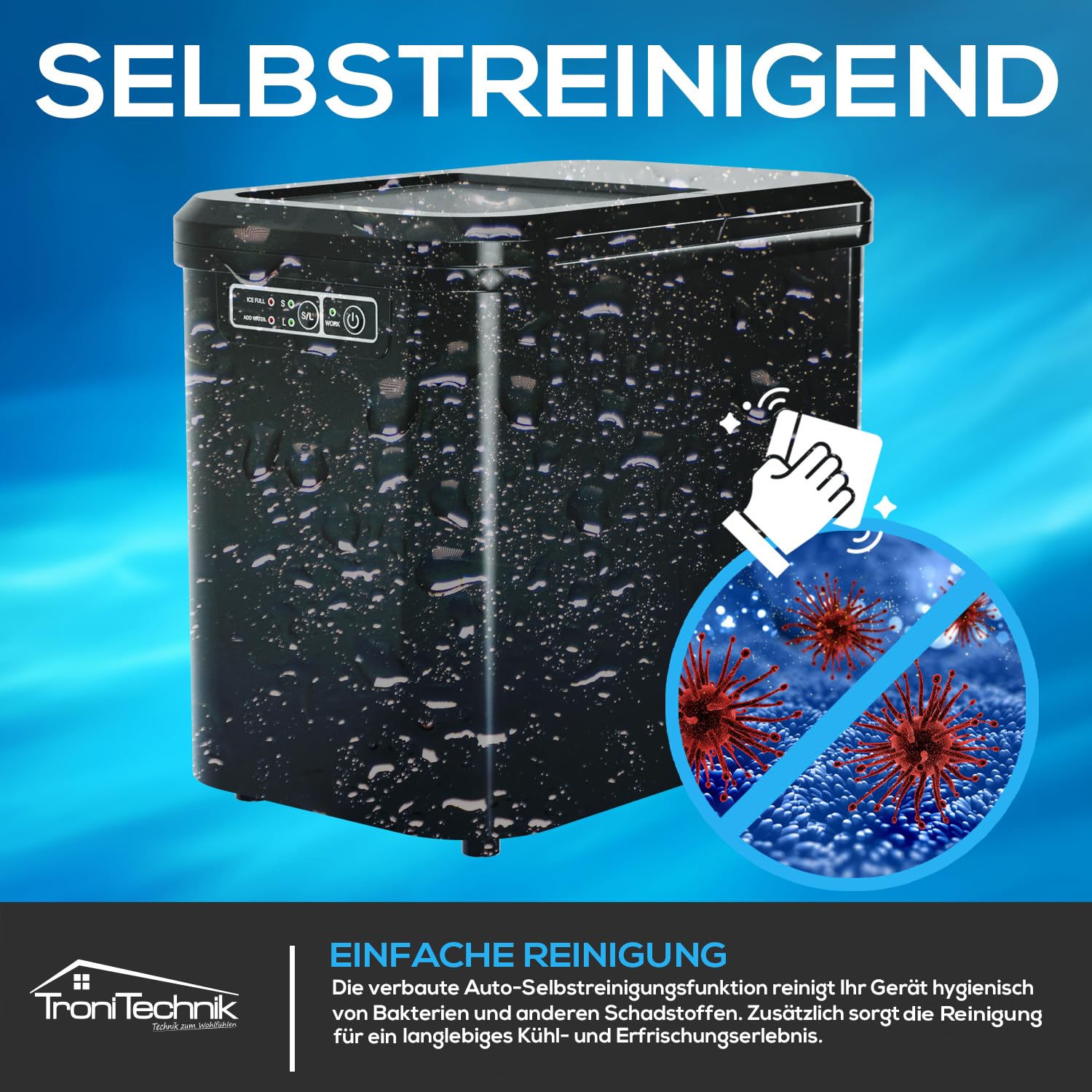 Tronitechnik® Eiswürfelmaschine Eiswürfelbereiter, Ice Maker, 12kg/24h, 2,2 Liter Wassertank, 2 Größen, Selbstreinigung, schwarz, einfache Bedienung