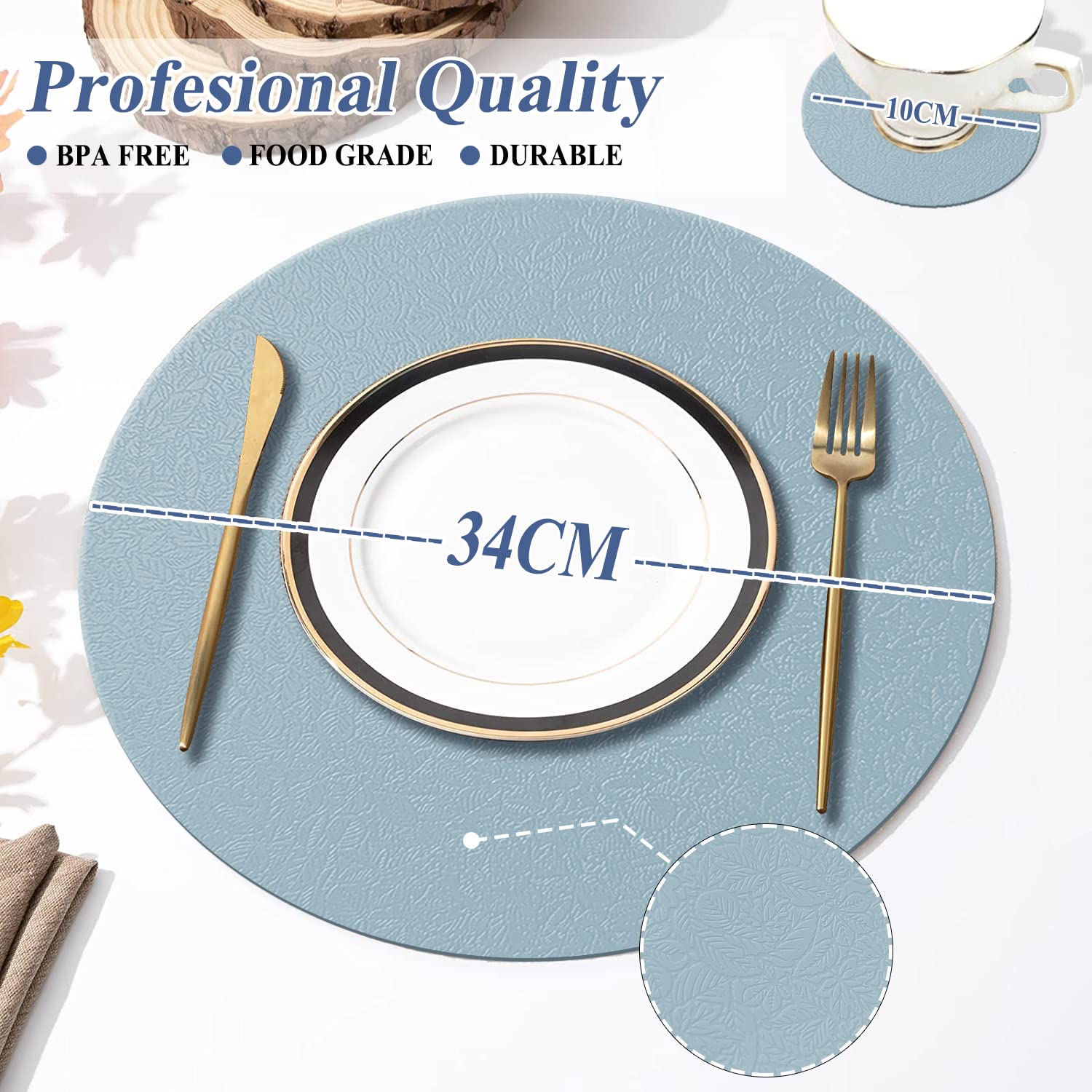 Runde Silikon-Tischsets, Hellblau, 6er-Set | Hitzebeständig 110°C rutschfest und waschbar Platzsets für Hotel, Restaurant, Küche, Glas, Holz, Marmor Esstisch
