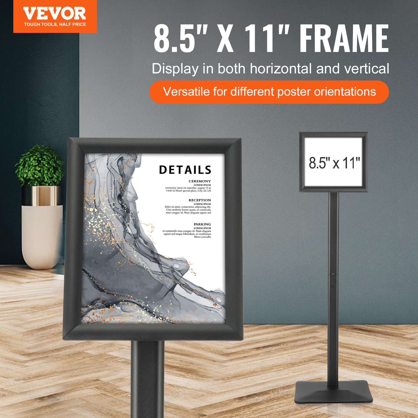 VEVOR Supporto per Insegne su Piedistallo, Supporto per Poster Regolabile da 279x216 mm, Piedistallo Porta Insegne in Alluminio PVC da Pavimento per Eventi Matrimonio Festa Conferenza Interno Esterno