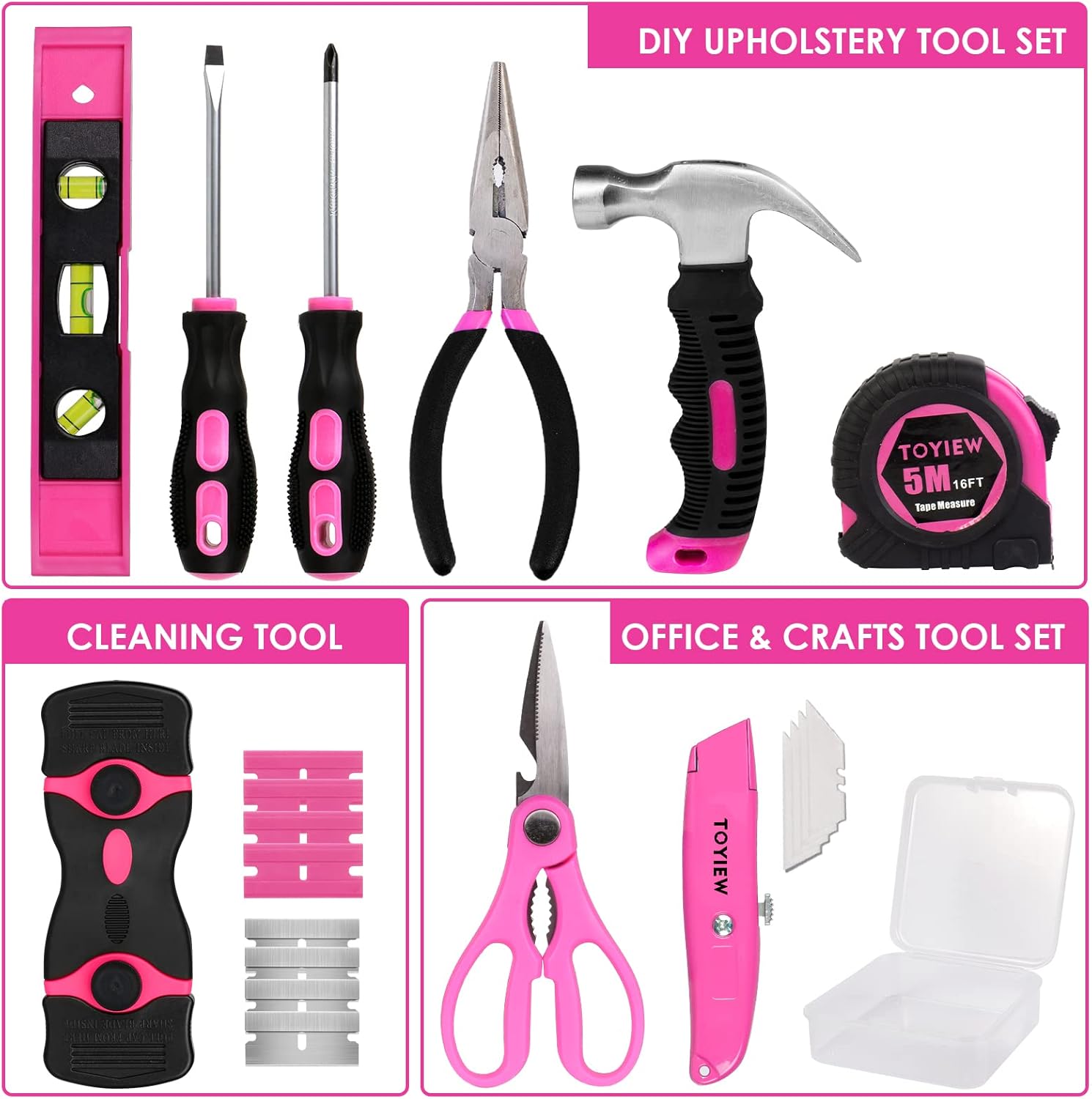 33Pcs Pink Staple Gun Tool Set with 3 in 1 Upholstery Staple Gun and 1002Pcs Hardware Nails Assortment Kit