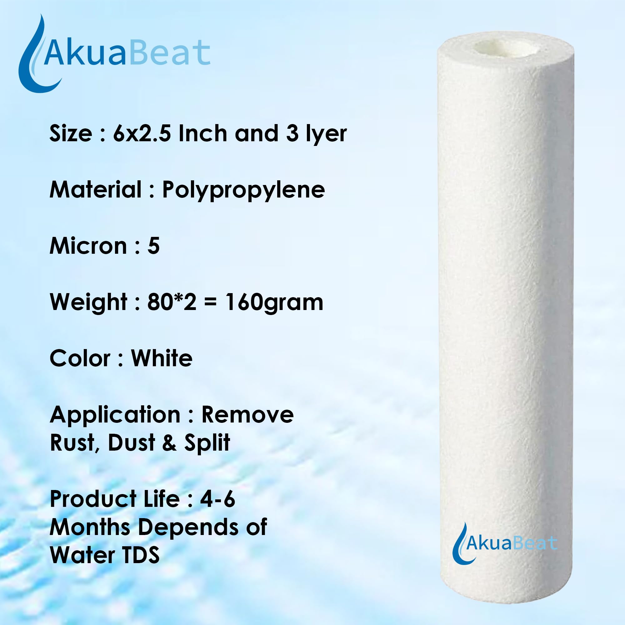 AkuaBeat 2 Pcs 5 Micron Sediment Filter Pre Filter/Spun Filter/Candle/Compatible with All Kind of RO Water Purifier. (6 Inch Sediment Filter) 3