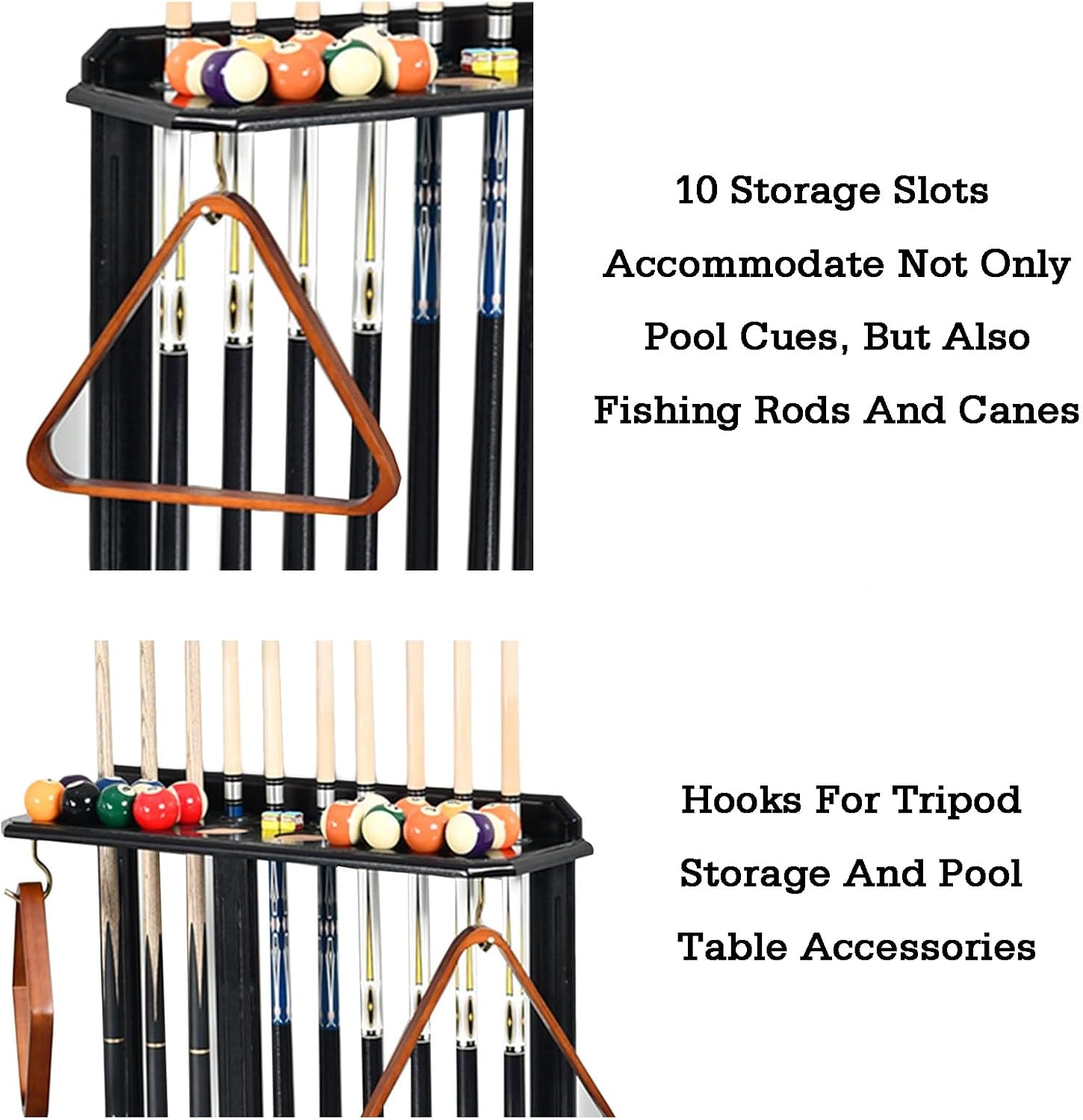 Billiard Cue Racks with Hooks,Billiards Pool Stick Holder for 10 Sticks,Organizes Full Set of Balls and Table Accessories(Wood color)