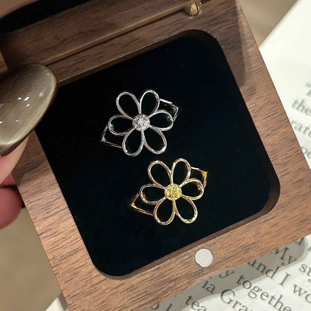 Hollow Flower Adjustable Statement Ring Cubic Zirconia Crystal Daisy Blossom Floral Stacking Open Engagement Anniversary Rings Comfort Fit Dainty Birthday Jewelry for Women Daughter Her Eternity Bands