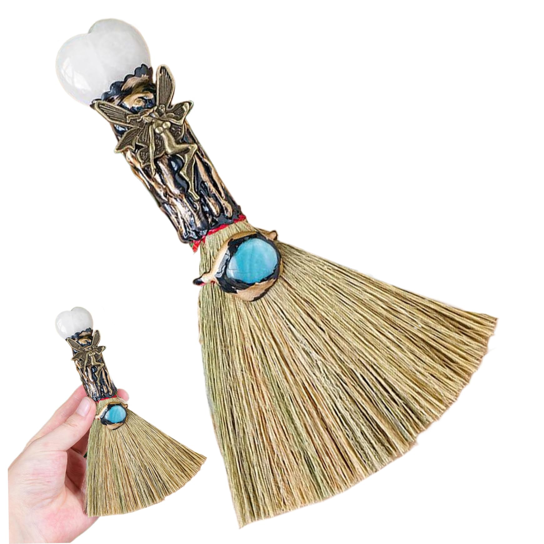 Pesoncarl Halloween Decorations, Halloween Witch Broom, Crystal Witch Wiccan Altar Broom, Broomstick with Heart-Shape Crystal, Decor for Cleansing Fengshui