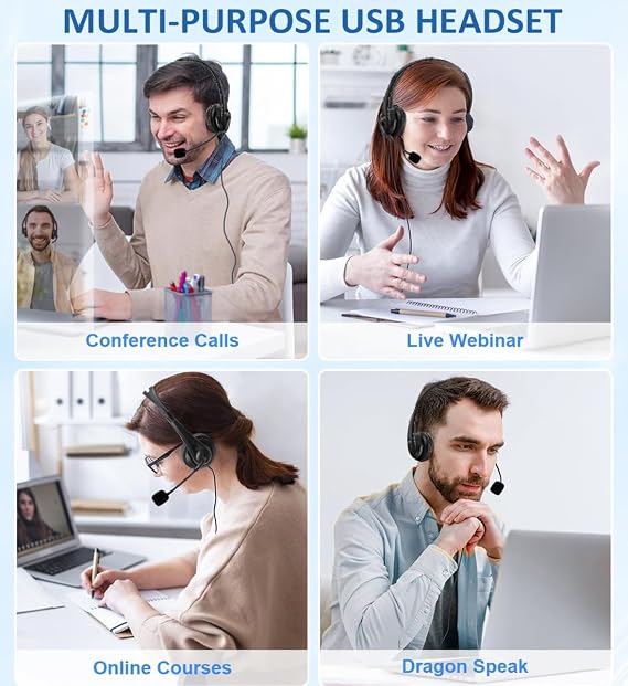 USB Headset with Microphone for PC Laptop, 3 in 1 Wired Headphones with Noise Cancelling Mic & Audio Controls, Adjustable Headset for Office, Call Center, Online Classes, Teams, Zoom, Skype