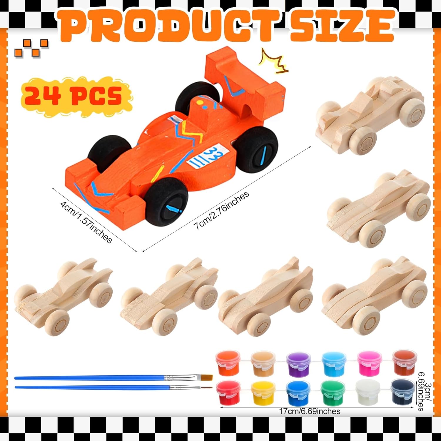 Lenwen 24 Pcs DIY Wooden Race Cars, Unfinished Wooden Car Race Cars Toy with 12 Color Acrylic Paint Easy Woodworking Set, Arts and Crafts Kit Birthday Party Presents for Boys and Girls(Classic) - Image 2