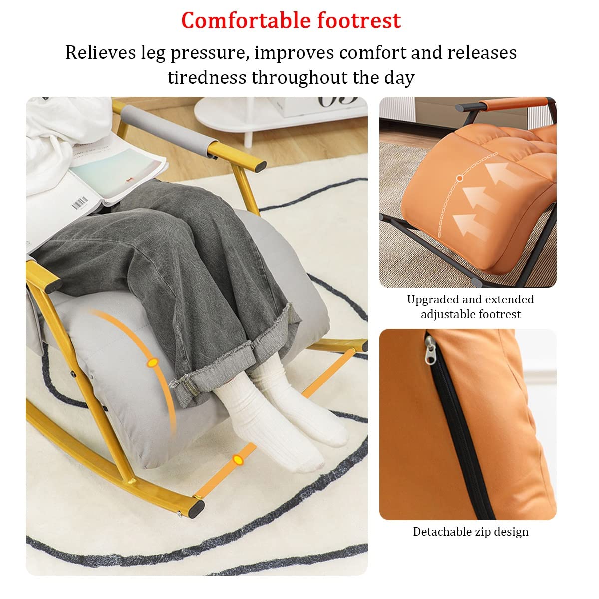 Silla Mecedora Para Balcón, Sillón De Relax Con Patas De Acero, Asiento Acolchado De Cuero Sillón Cómodo Para La Sala De Estar, Sillón Con Reposapiés Ajustable ( Color : Grey , Size : Golden Leg )