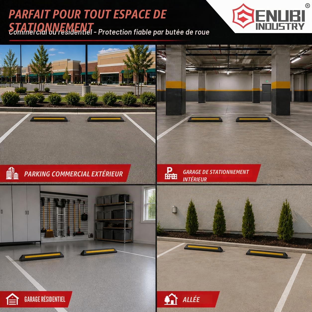 Lot de 2 bordures en caoutchouc noir très résistantes avec bandes jaunes réflectives, butées de roue pour voiture, camion, camping-car, remorque et garage - Qualité professionnelle