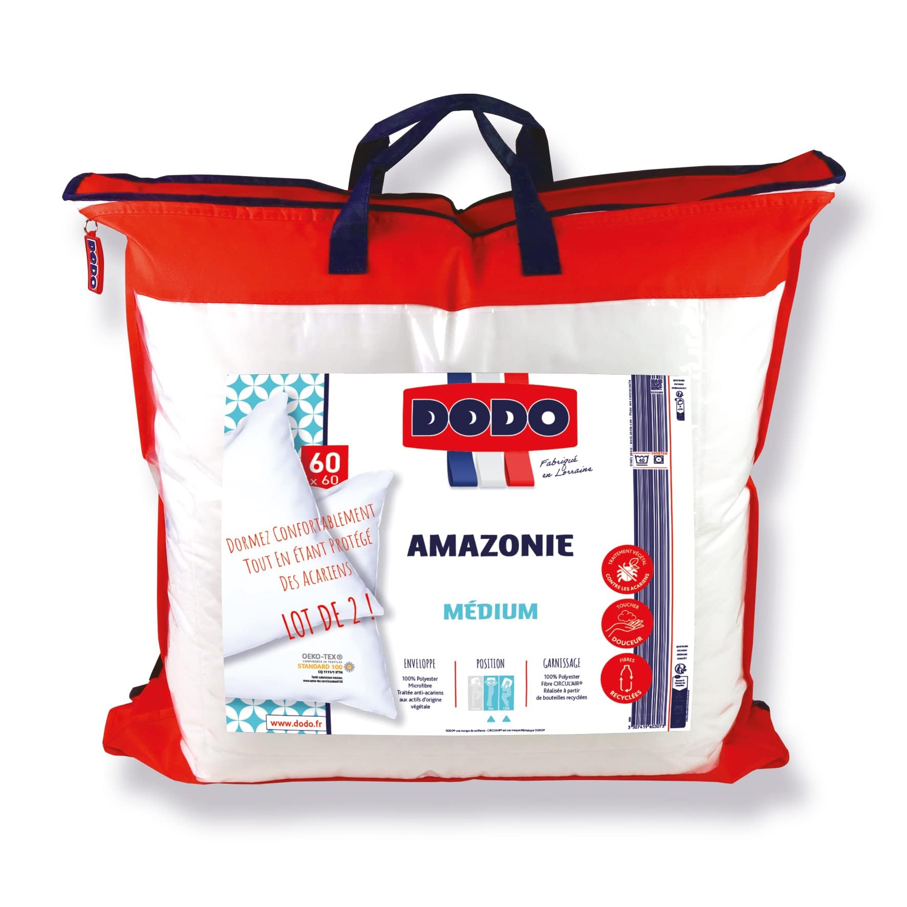DODO - Lot de 2 Oreillers Anti-Acariens 60x60 cm - Confort Médium, Finition Bourdon - Enveloppe 100% Polyester - Garnissage Synthétique 100% Polyester Circul'Air - Lavable en Machine à 40°C
