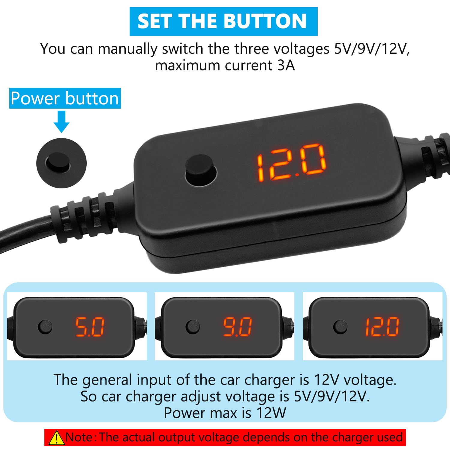 Wtyczka USB C na gniazdo zapalniczki samochodowej 12 V, adapter kablowy, konwerter z woltomierzem, regulowane napięcie 5 V/9 V/12 V, nadaje się do ładowarki samochodowej, GPS, kamery na deskę