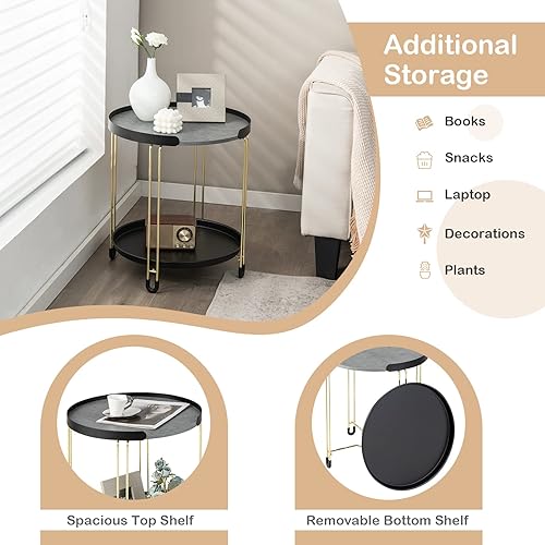 Miniatura 5 de Giantex Modren - Mesa auxiliar de mármol sintético con marco dorado y bandeja extraíble mesita de noche redonda de 2 niveles para sala de estar y