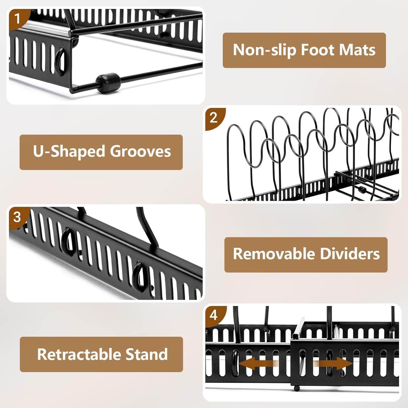 Topfregal, erweiterbarer Topfdeckelhalter für Küchenschrank, Topfregal mit 10 verstellbaren Fächern, Küchenschrank, Kochgeschirr, Backen, Bratregal, Küchenschrank-Organizer-Halter für Schneidebrett