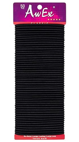 AwEx Hair Ties, Large Black: 50 PCS, 4 mm Thick, 170 mm Circumference, No Metal, Ouchless, Non-Tangle, Non-Pull - Great for Thick, Curly, Wavy Hair - 1 Count (Pack of 50) - Black