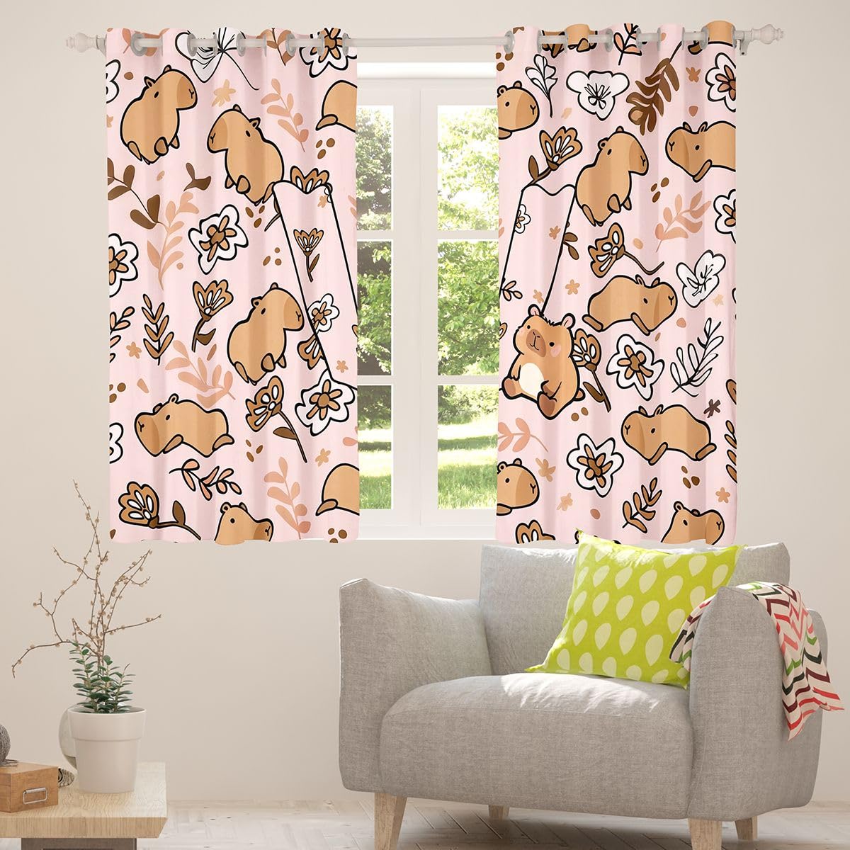 Homewish Cartoon Capybara Curtain 137x117(HxB) Niedliche Tiere Vorhänge Schlafzimmer Capybara Liebhaber Buchstabe V Verdunkelungsvorhänge Zweige Florale 2 Paneele Vorhang