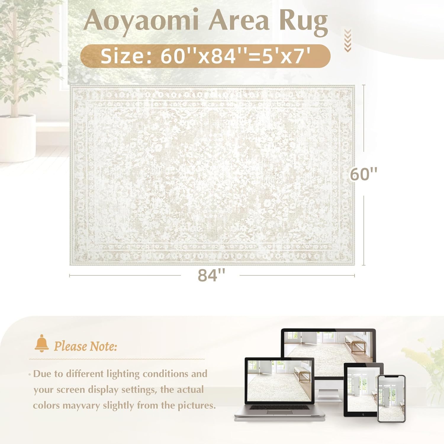 Aoyaomi Vintage Living Room Area Rug - 5x7 Large Machine Washable Boho Area Rug Distressed Floral Rugs for Bedroom, Soft Non-Slip Indoor Floor Accent Rugs for Office Dining Room (Cream Beige, 5'x7')