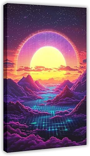 Retro Futurism Sunset Wall Art  Neon Synthwave Landscape Poster for Bedroom, Game Room, Living Room Decor Canvas Poster Wall Art Decor Print Picture