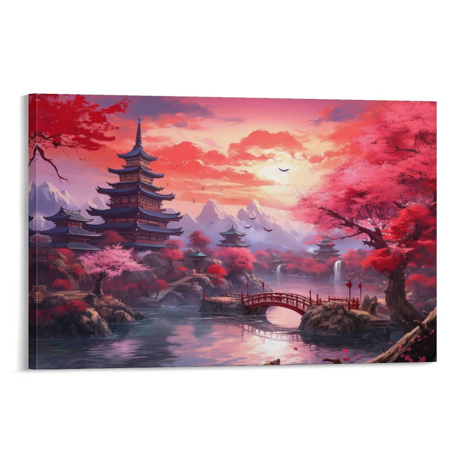 CPLVKWRQJ Anime Landscape Temple Single Japanese Pagoda Cherry Blossom Sunset Canvas Print - Living Room Gallery Wall Statement Piece Fade Resistant Ready to Hang 12x18inch(30x45cm)