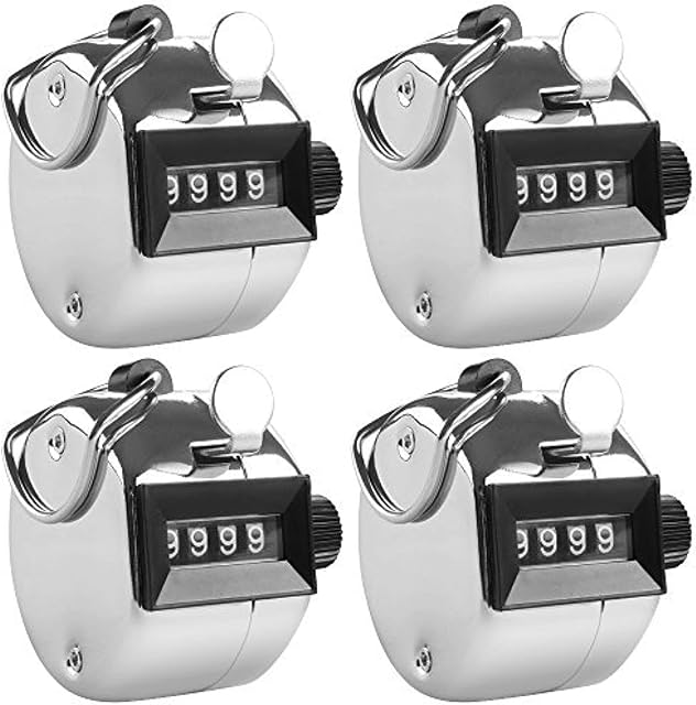 AFUNTA 4 Digit Hand Tally Counters, 4 Pack Mechanical Lap Tracker Manual Clicker with Metal Finger Ring Hoop Holder - Silver