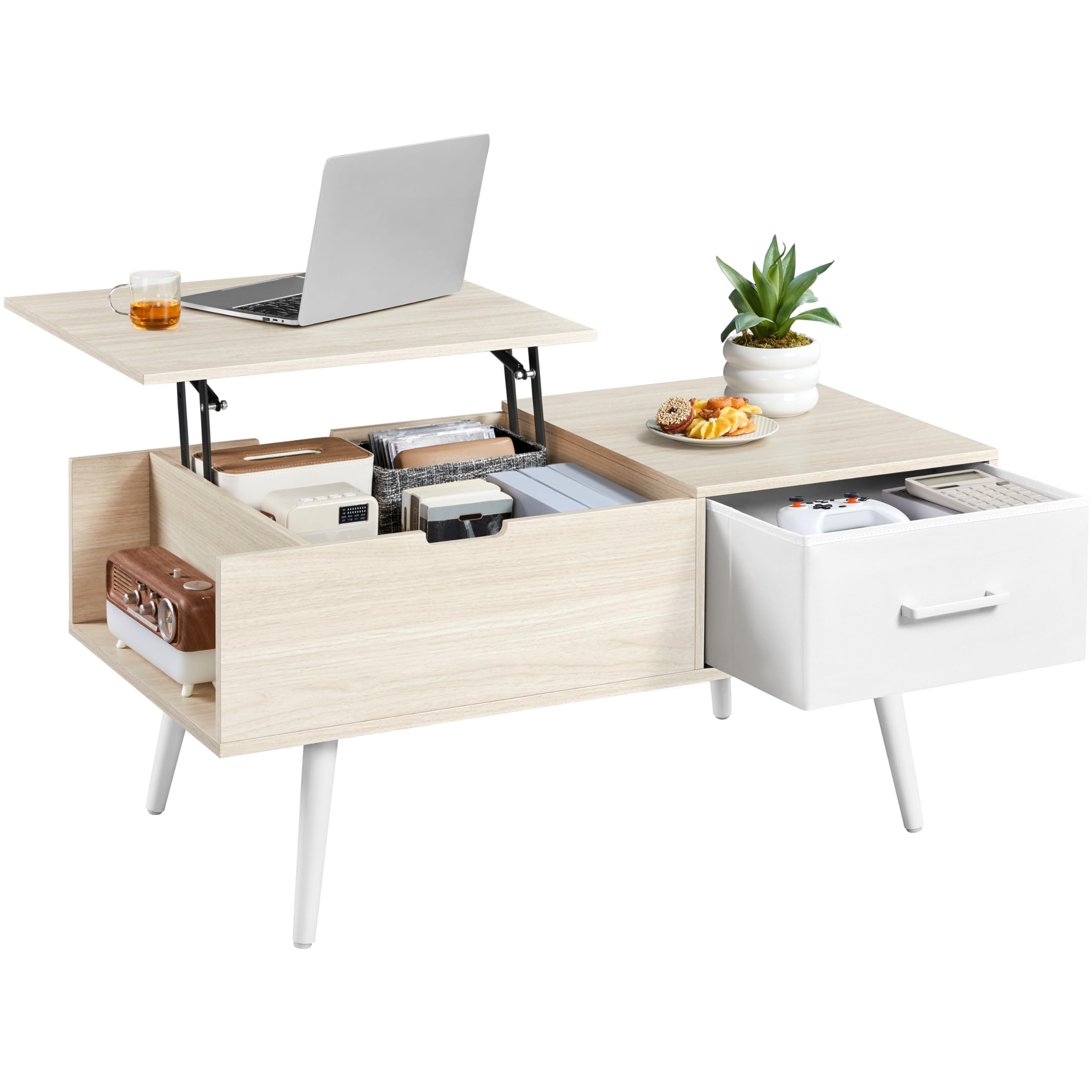 Yaheetech Couchtisch Höhenverstellbar, Beistelltisch mit Stauraum & offene Fächer, Wohnzimmertisch mit Geteilter Tischplatte, Lift-Top Kaffeetisch fürs Wohnzimmer/Esszimmer, Helle Holzfarbe | Seitlich und versteckt, ausgestattet mit 1 Schublade und Holzbe
