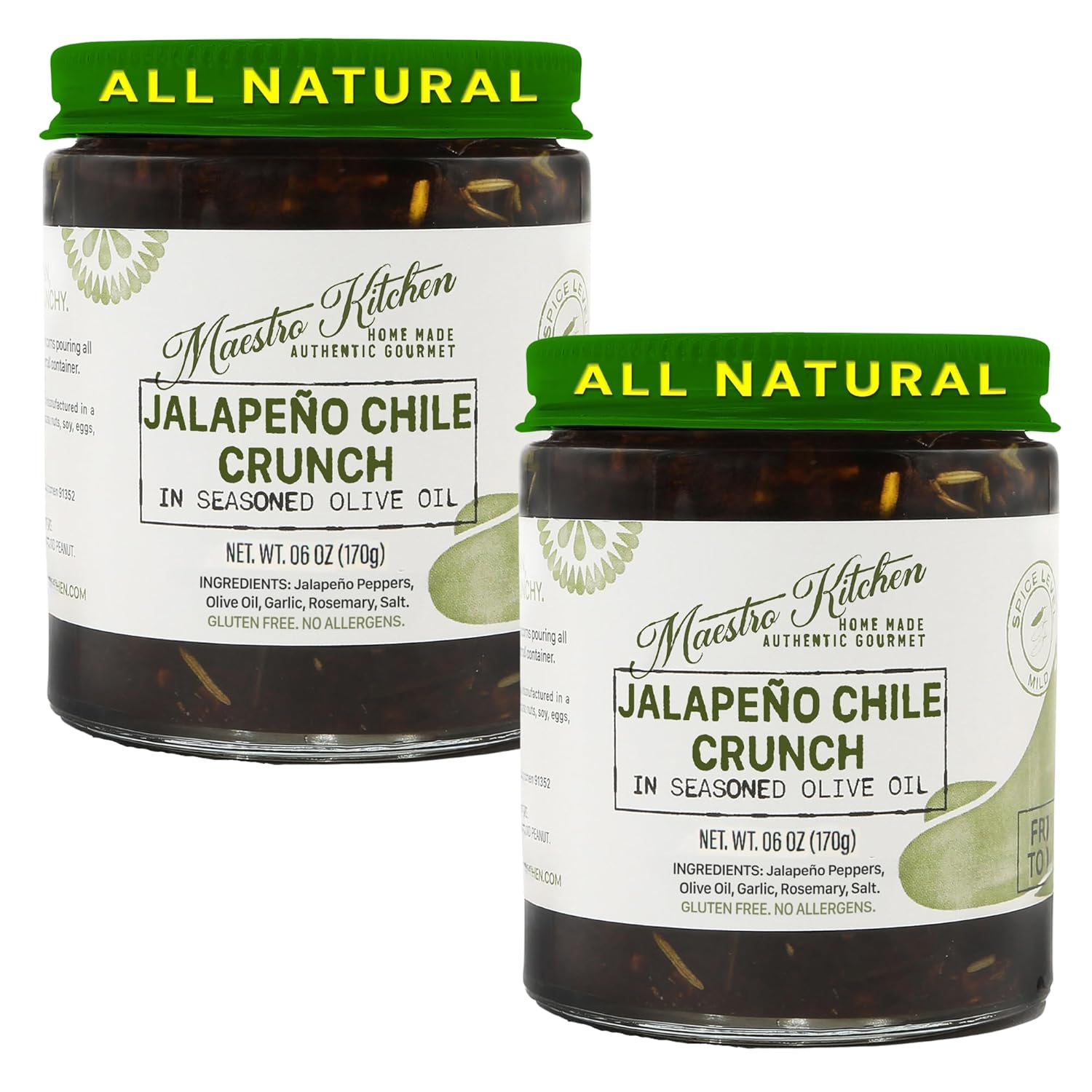 Mild Jalapeno Pepper Chile Crunch Crisp 6oz 2 pack - All Natural Chili Oil Hot Sauce 100% Olive Oil, Garlic & Rosemary - Spicy Crunchy Mexican Cooking Seasoning – Keto Friendly Vegan Gluten Free