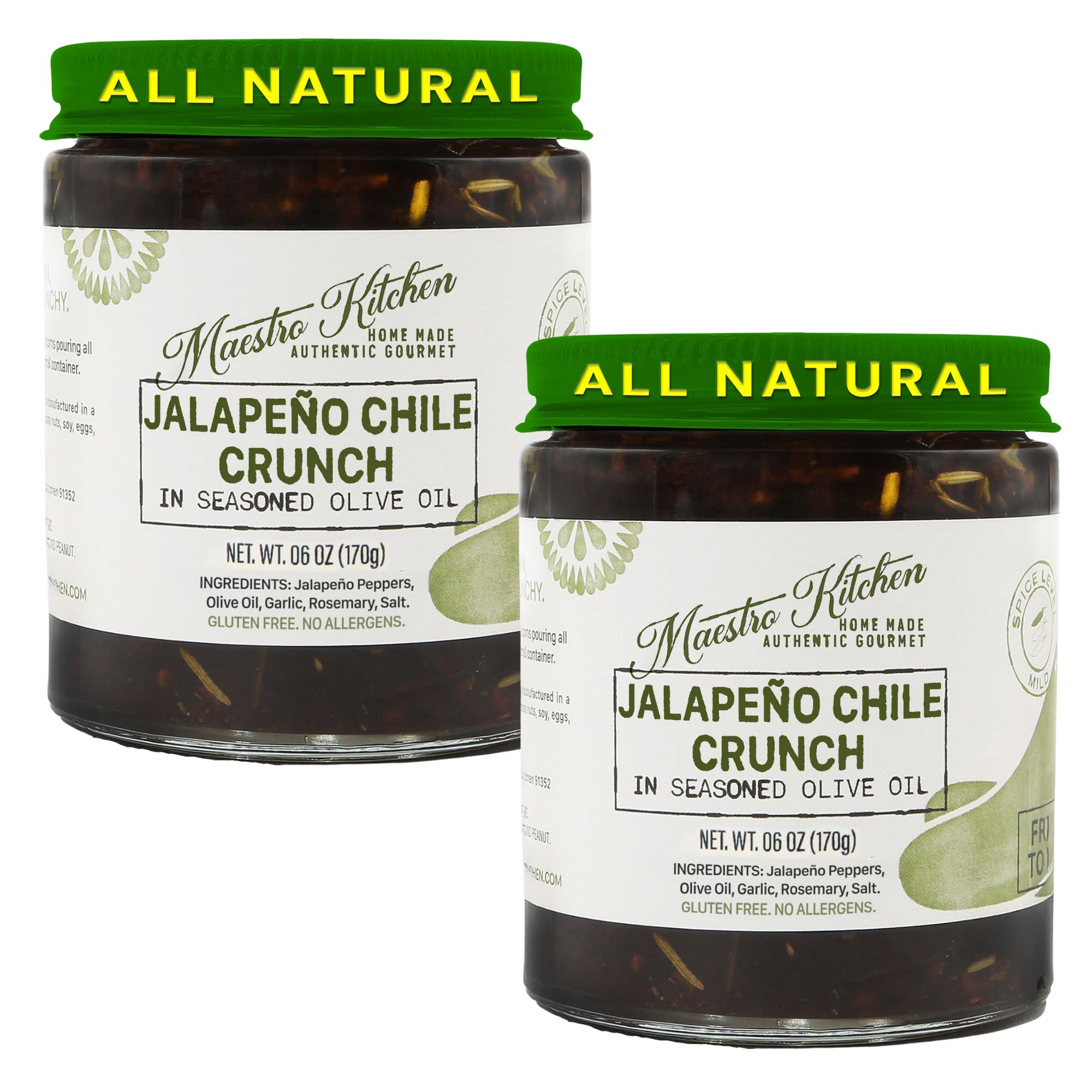 Mild Jalapeno Pepper Chile Crunch Crisp 6oz 2 pack - All Natural Chili Oil Hot Sauce 100% Olive Oil, Garlic & Rosemary - Spicy Crunchy Mexican Cooking Seasoning – Keto Friendly Vegan Gluten Free