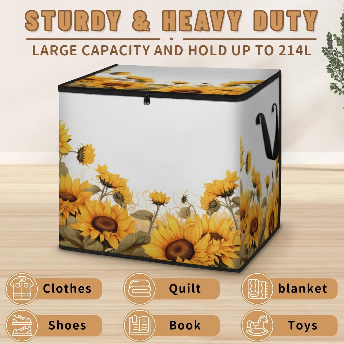 Honeybaby 214L Extra Large Comforter Storage Bag Summer Blooming Sunflowers Storage Totes with Lids Waterproof Closet Organizer Folding Blanket Storage Bags for Clothes Bedding Pillows