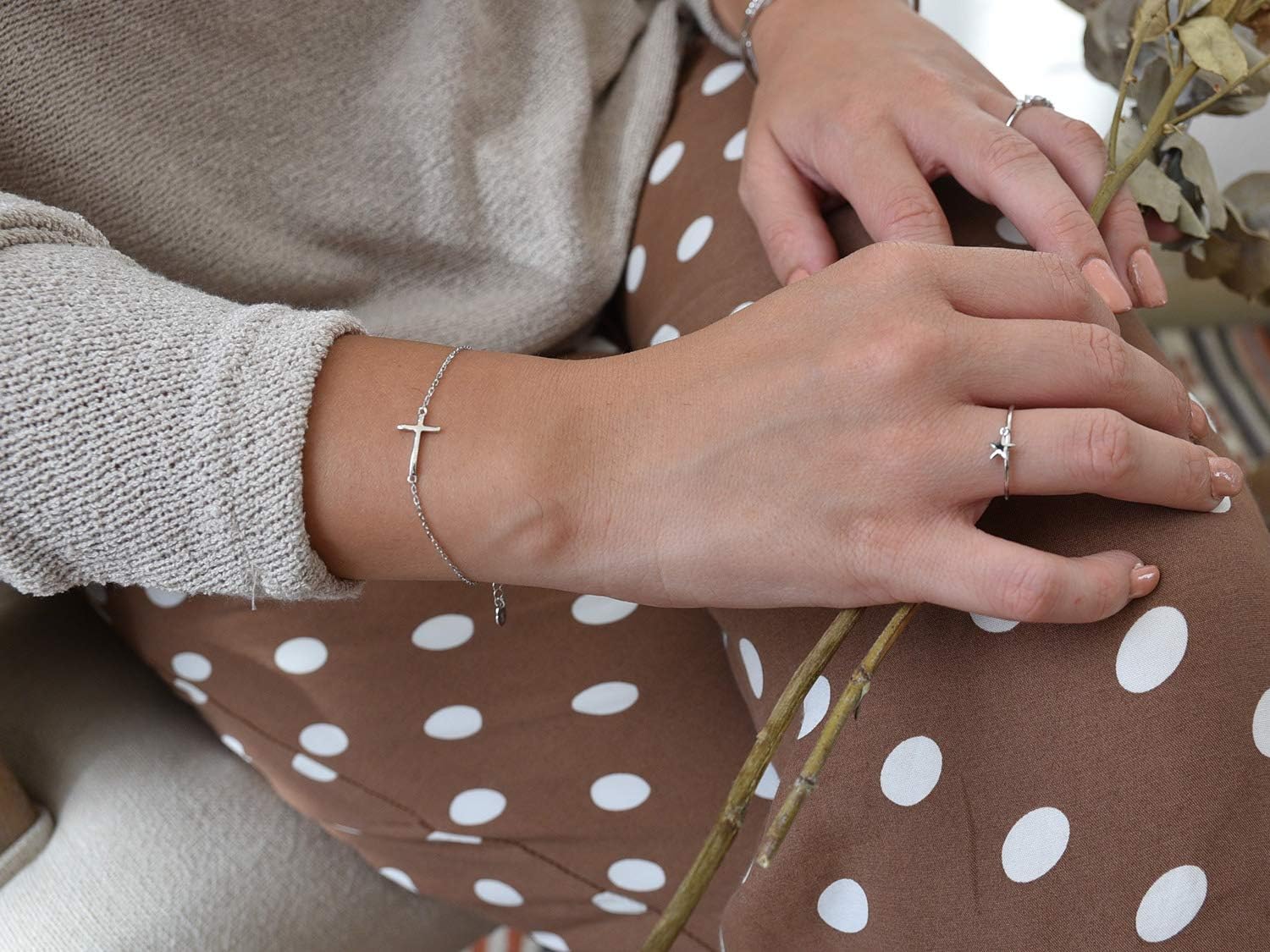 Dainty Sideways Cross Bracelet in Sterling Silver - Celebrity Style Horizontal Cross Bracelet - Image 4