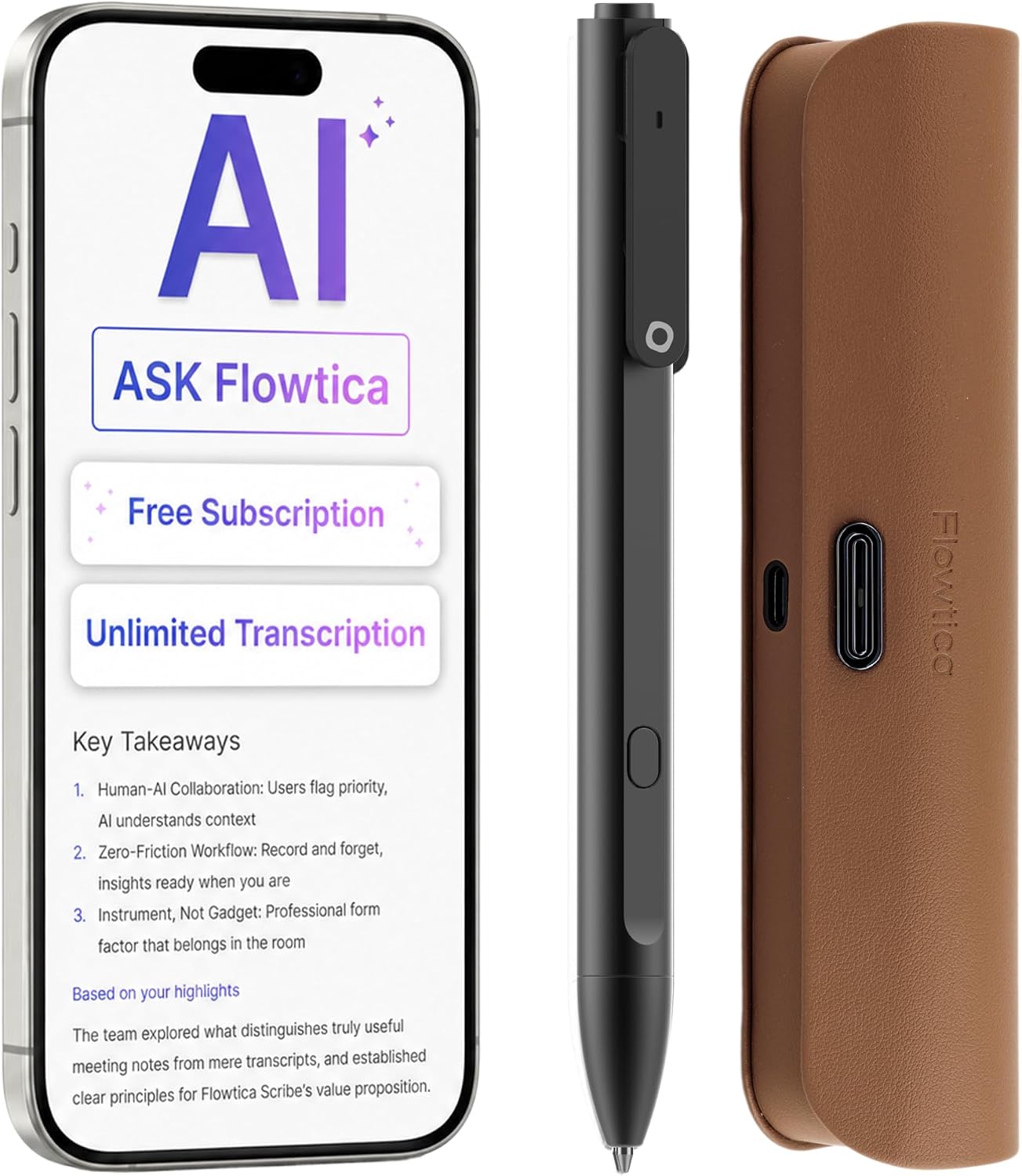 Flowtica AI Voice Recorder, Note Taking Device with Unlimited Transcription