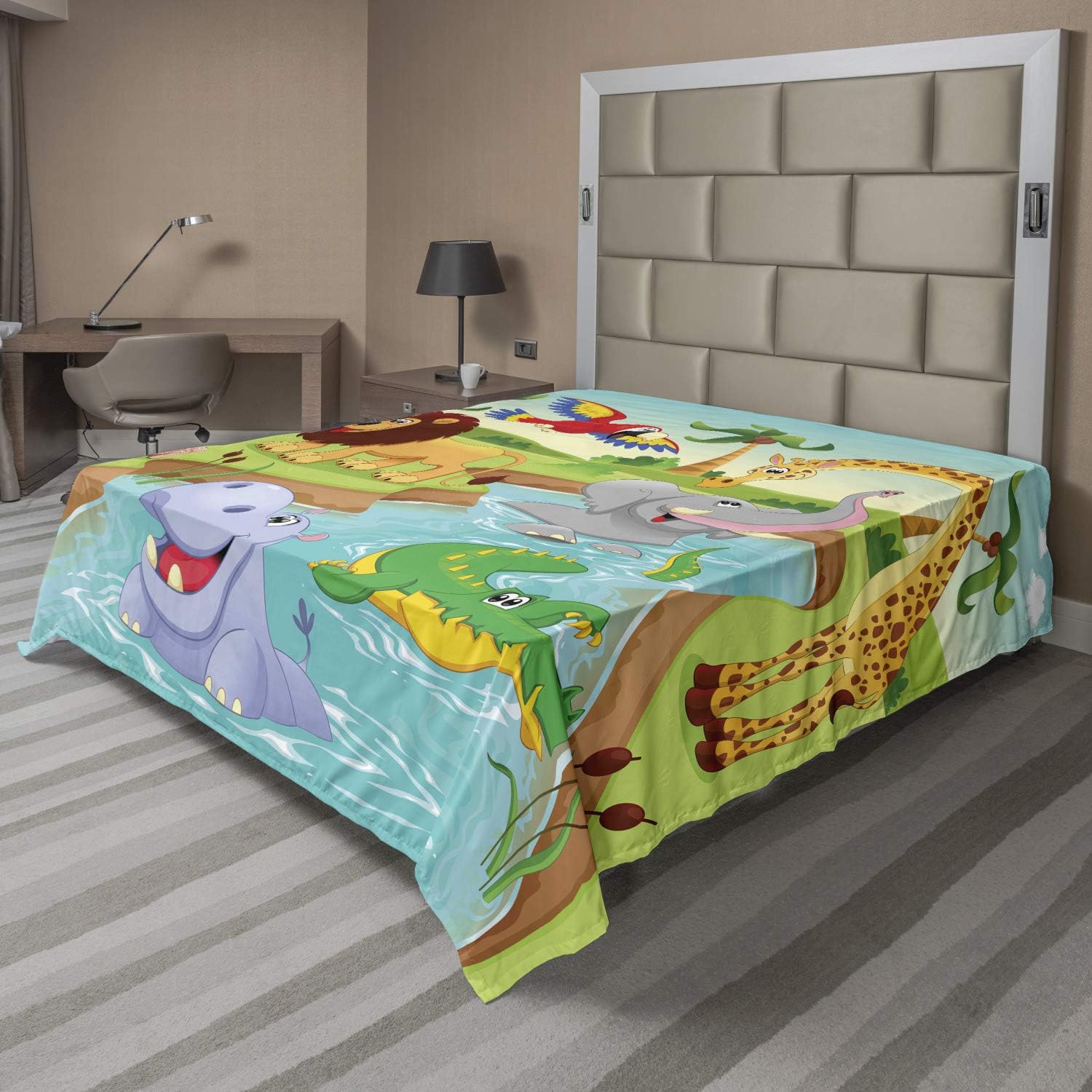 Ambesonne Cartoon Flat Sheet, Savannah Animals Swimming in The Lake Lions and Giraffe Art Colorful and Fun, Soft Comfortable Top Sheet Decorative Bedding 1 Piece, Queen Size, Multicolor