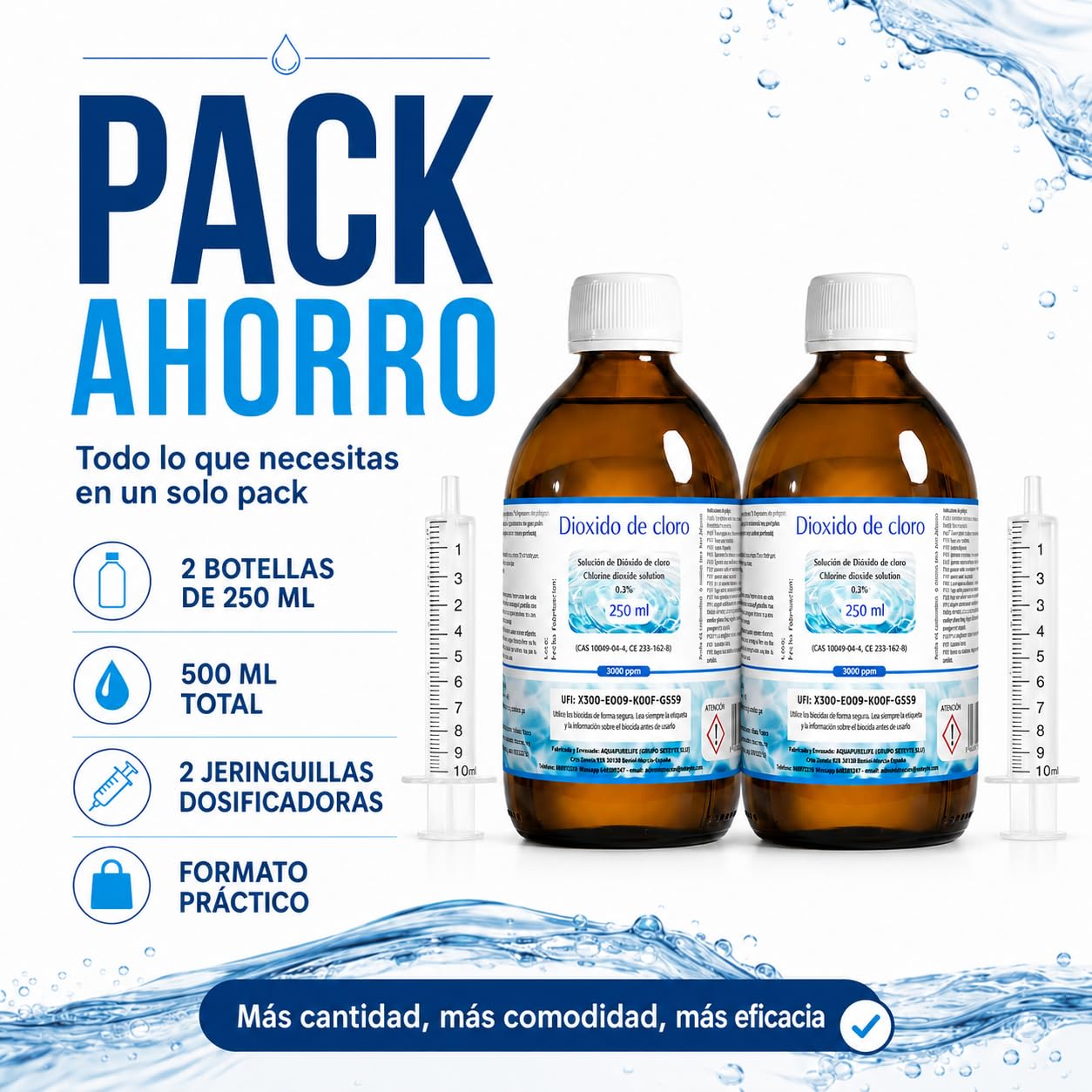Dióxido de Cloro 3000 ppm - CDS | CDL - Envasado en Botella de Cristal Ámbar - 2 Botellas 250ml = 500ml - Compra Ahorro - Fabricado en España