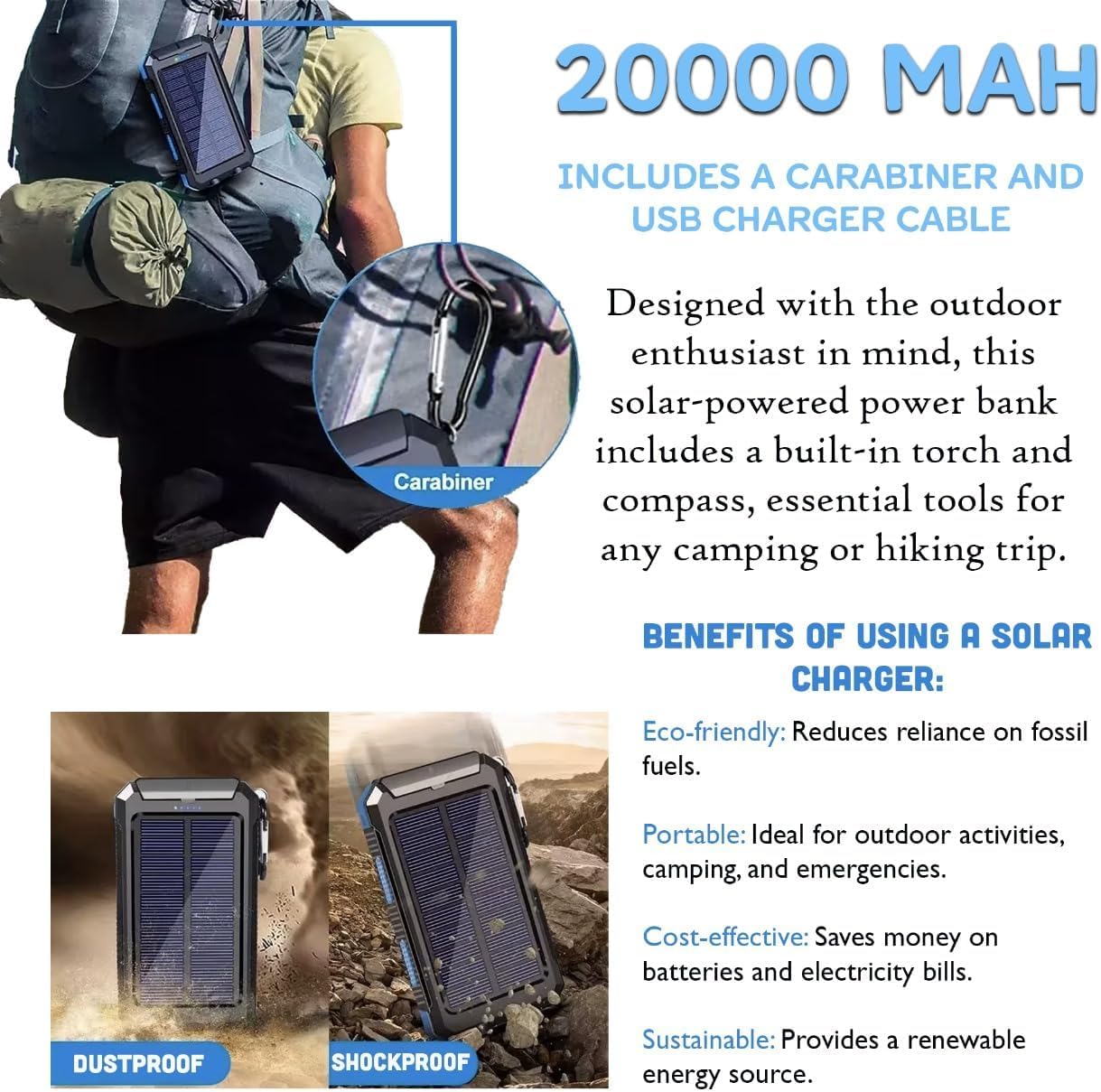 Solar Power Bank 20000 mAh, caricabatterie portatile a ricarica rapida con torcia e bussola, batteria di backup impermeabile per uso esterno e viaggi, ricarica alla luce solare o con il cavo in