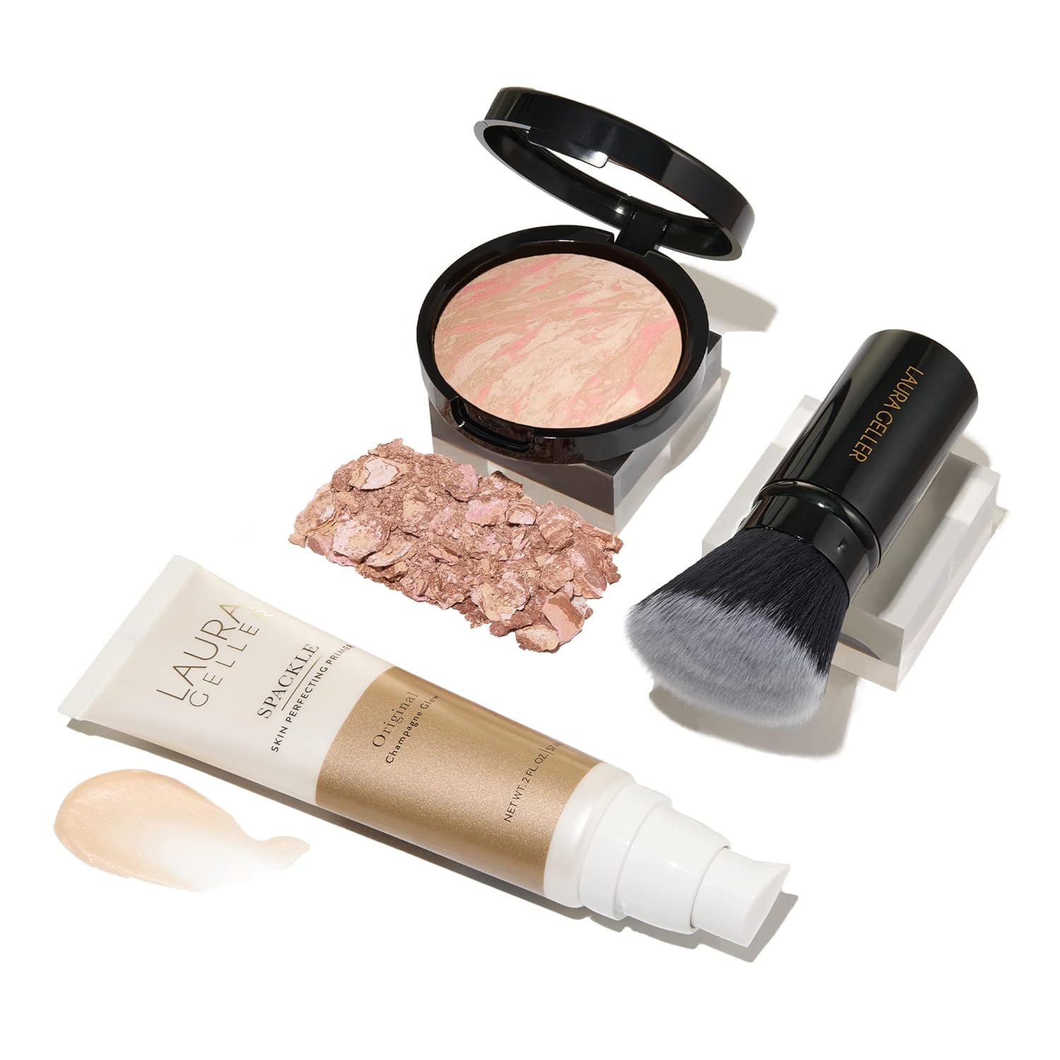 LAURA GELLER NEW YORK Everyday Routine Kit – Baked Balance-N-Brighten Color Correcting Powder Foundation, Porcelain + Retractable Angled Kabuki + Spackle Makeup Primer, Champagne Glow (3 PC)