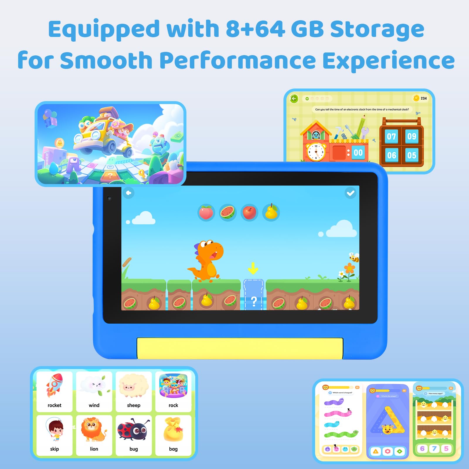 Tablet für Kinder, Tablet mit 7 Zoll für Kinder, 8GB RAM + 64GB ROM, 128 GB Expand, Kindersteuerung, Software für Kinder vorinstalliert, Dual-Kamera (blau)