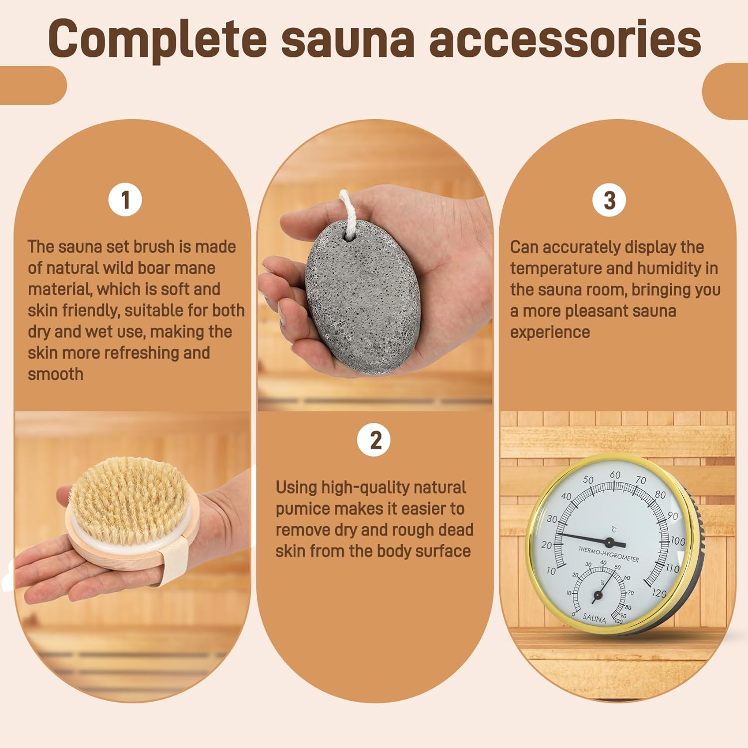 Sauna Accessories Kit 6PCS,Handcrafted from Canadian Premium Red Cedar Wood,Sauna Bucket and Ladle Set with Thermo-Hygrometer, Sand Timer, Brush, Exfoliating Stone – Sauna Gift Set for Home Steam Room