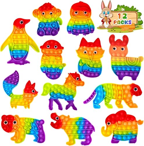 Paquete de 12 juguetes para ansiedad a granel, juguetes sensoriales de burbujas para niños y adultos, juguete sensorial de animales de arco iris,