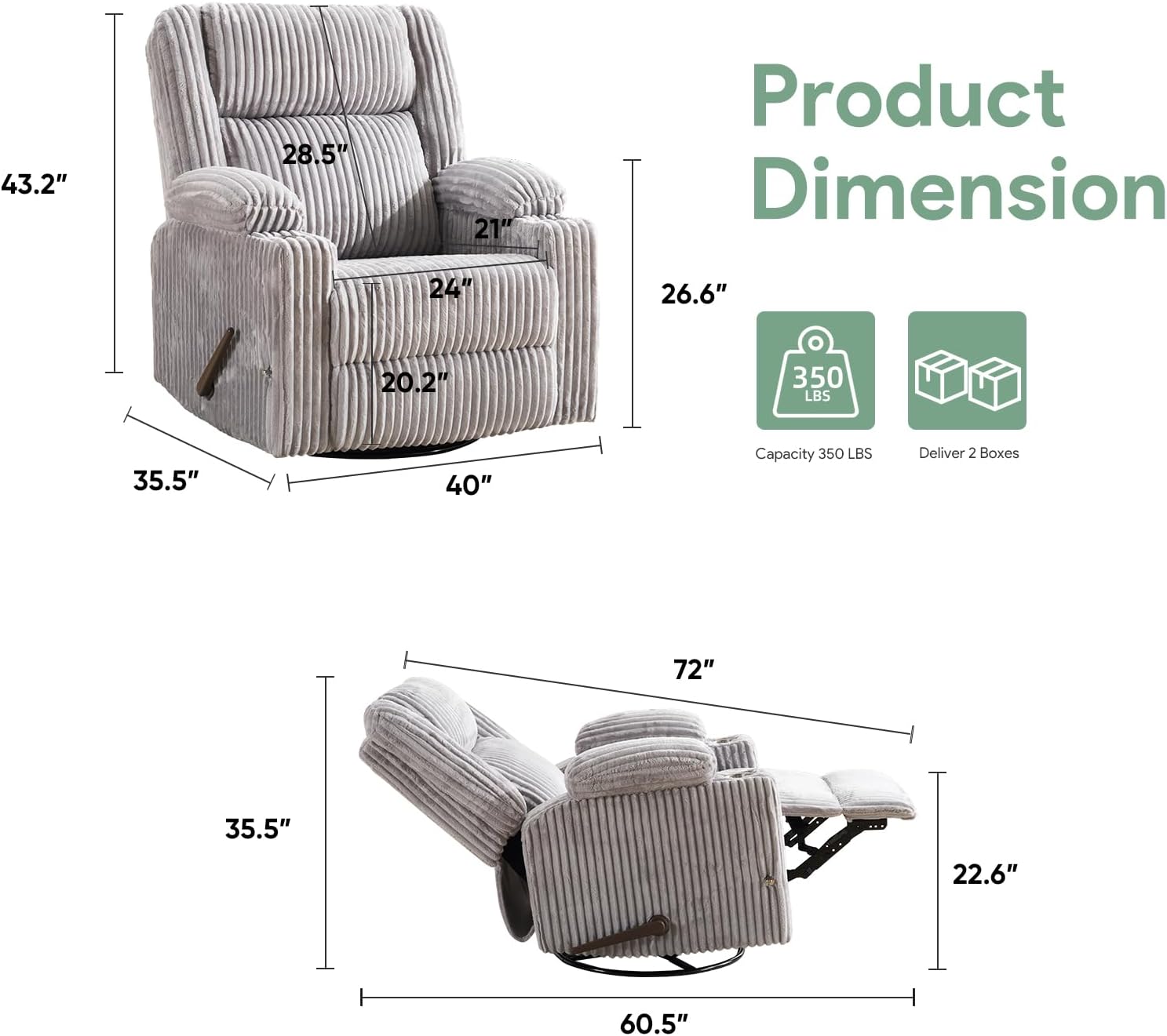 Manual Recliner Chair with Adjustable Headrest, Oversized Swivel Rocker Recliner for Adults with Arm Storage, Nursery Glider Recliner with Phone Stand and Side Pockets for Living Room, Light Grey