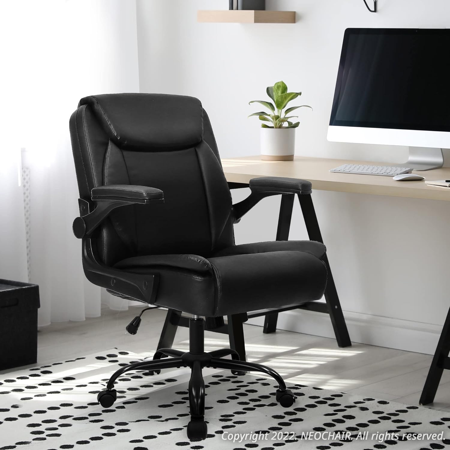 NEO CHAIR Office Chair Adjustable Desk Chair Mid Back Executive Desk Comfortable PU Leather Chair Ergonomic Gaming Chair Back Support Home Computer Desk with Flip-up Armrest Swivel Wheels (Jet Black) : Home & Kitchen