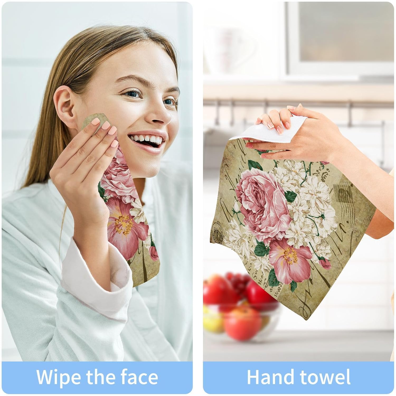 Roses Cotton Washcloths,Vintage Shabby Chic Pink Rose Flowers Fingertip Towel Face Cloths Absorbent Wash Cloths Quick Drying Bath Cloths for Bathroom,Spa,Gym,Kitchen,12 x 12 Inch,Set 6
