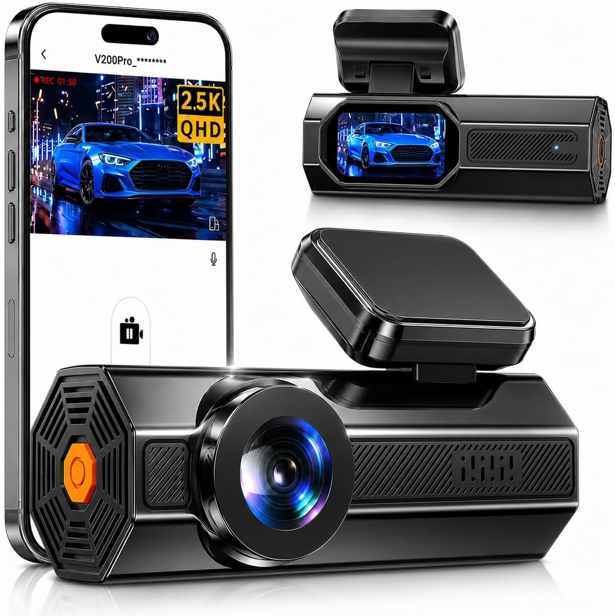 VEEMENT 2.5K Dash Cam Front, Mini Car Camera with App, 2.4G WiFi Smart Dash Cam for Cars, WDR Night Vision, 24H Parking Mode, G-Sensor, Heat Resistant, Supports 256GB Max