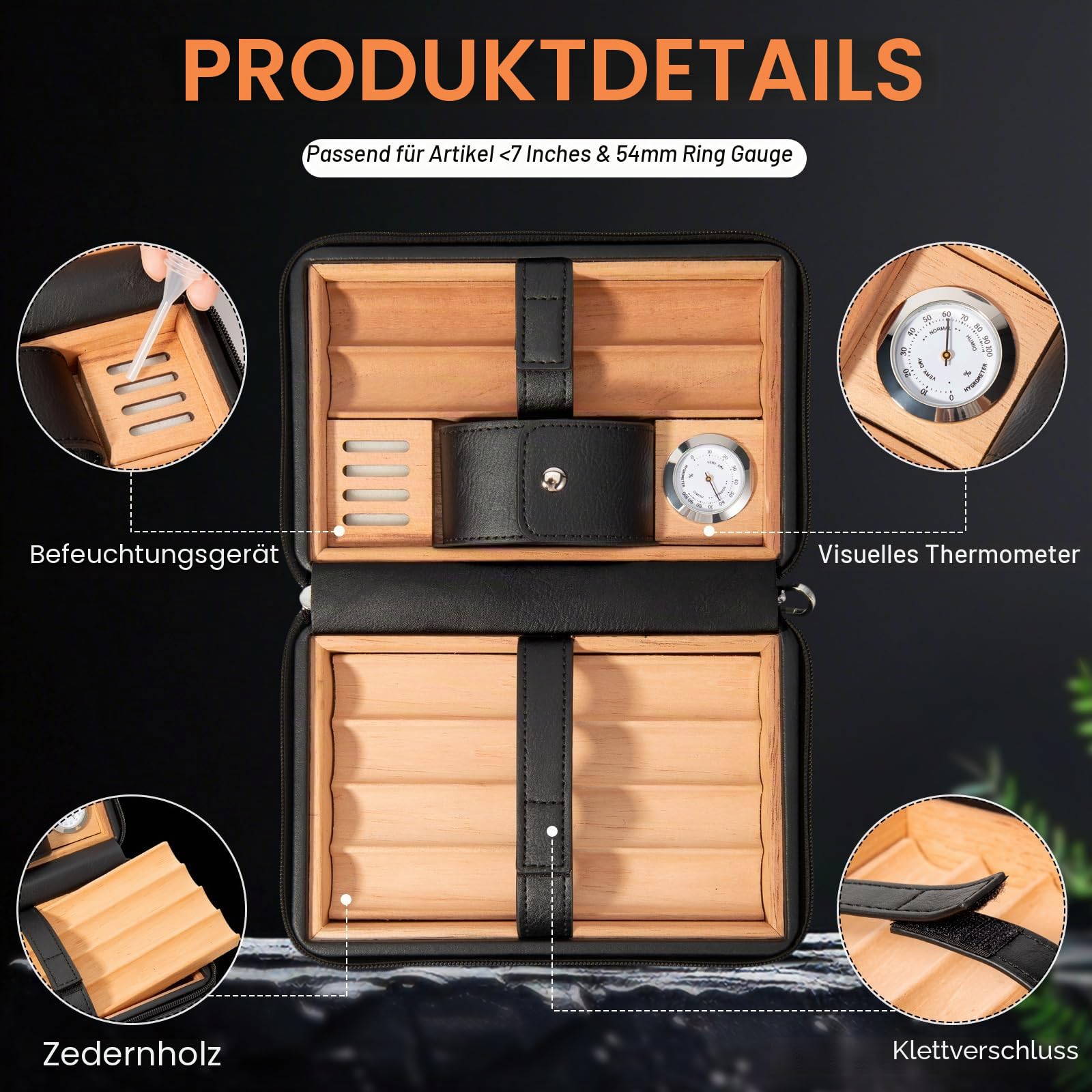 Lederetui aus Zedernholz, Reisebox mit Hygrometer, Kapazität: 6 Stück, Draw Enhancer Tool, Geschenke für Männer (Schwarz)
