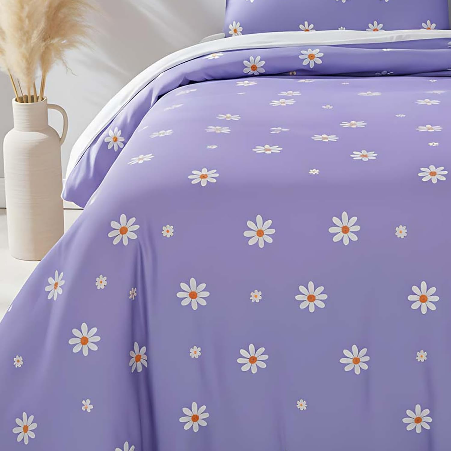 Cotton Duvet Cover Set for Full, Queen & King Beds | 3 Piece Bedding Set with Duvet Cover and Pillowcases, Soft Breathable Bed Linen for Adults & Couples (Purple Daisy, 63.0 × 84.6 inch)