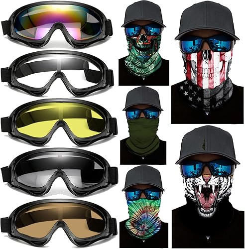 10 Packs Motorcycle Accessories, 5PCS Dirt Bike Ski Goggles Dustproof Windproof Safety Glasses and 5PCS Face Masks