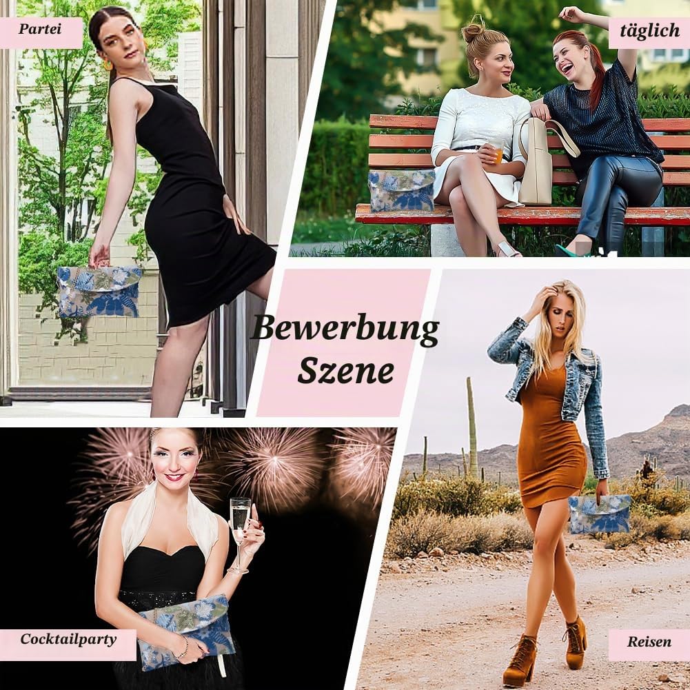 FREEBLOSS Clutch Geldbörse Für Damen Bestickte Florale Abendclutch Für Hochzeitsfeiern Bestickte Pailletten Perlen Umhängetasche Mit Goldener Kette (Musterposition Nicht Fixiert)