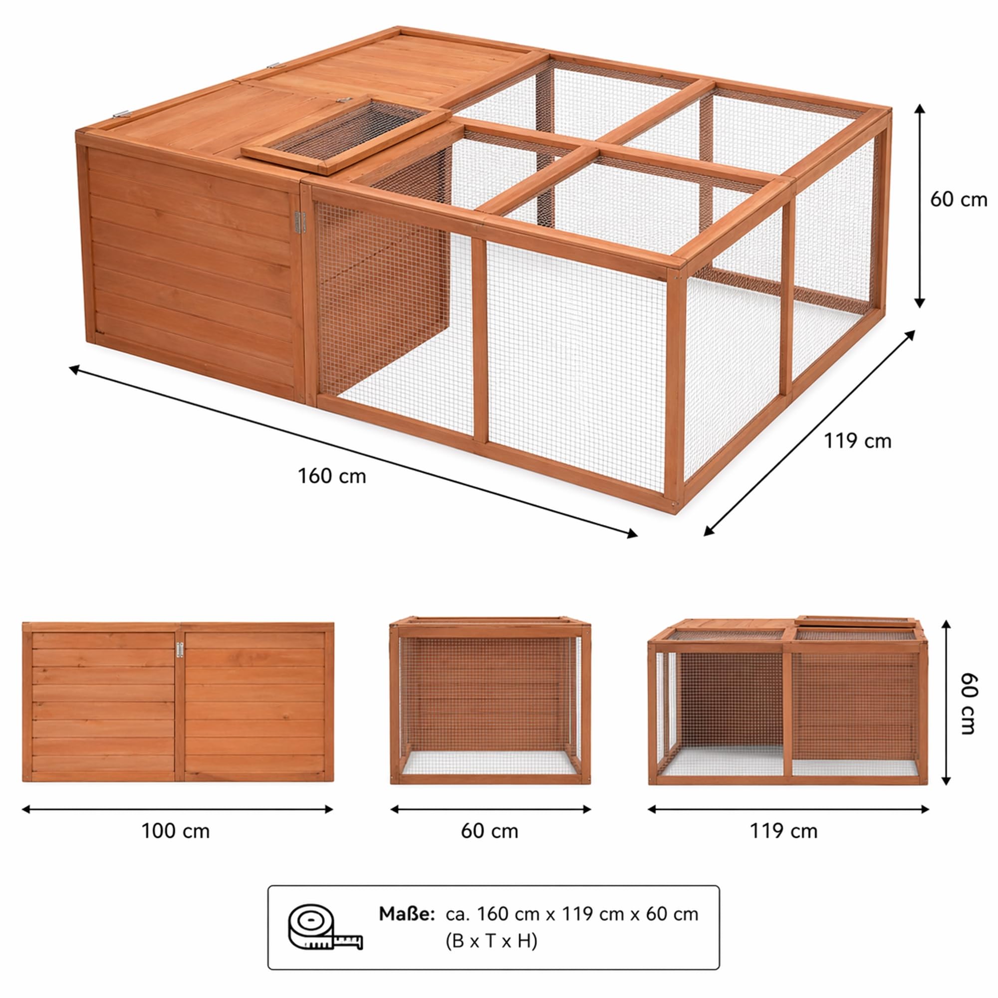 Mucola Freilaufgehege klappbar Kleintierstall draußen Outdoor Hasenstall 160x119x60cm Freigehege aus Holz mit Gitter Ausbruchsperre Freilauf