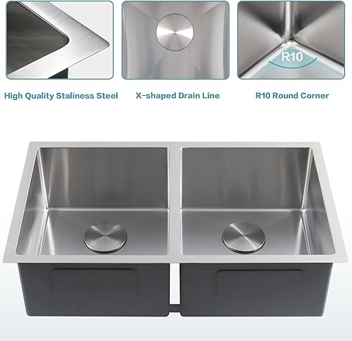 Miniatura 6 de LQS Fregadero de cocina, fregadero de cocina empotrado de 31 x 18 pulgadas, fregadero de cocina de acero inoxidable, fregadero de cocina de doble