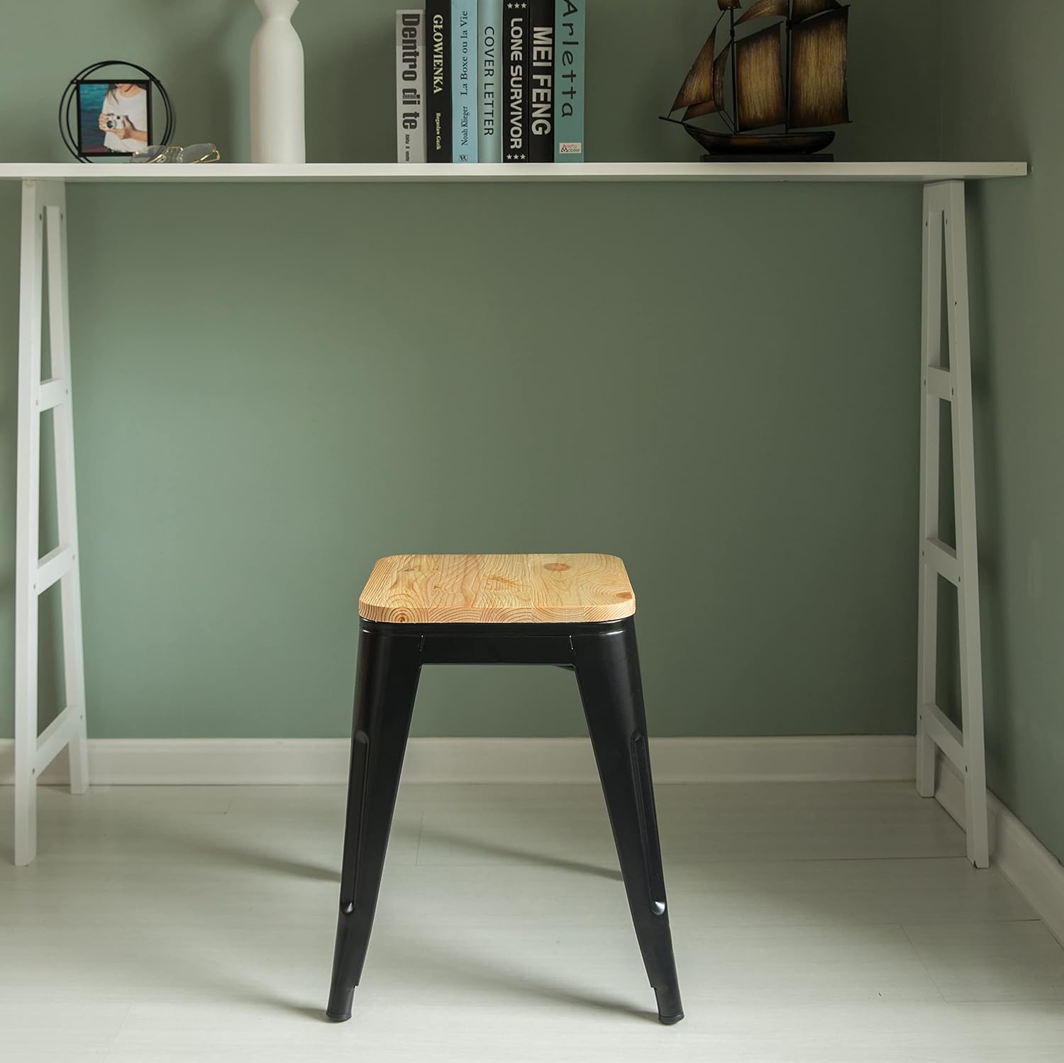 Vintiquewise 17" Wooden Bar Stool, Backless Saddle Stool for Kitchen Island, Counter Height, Indoor/Outdoor, Brown Wood & Black Metal, Bar Stools Set of 2